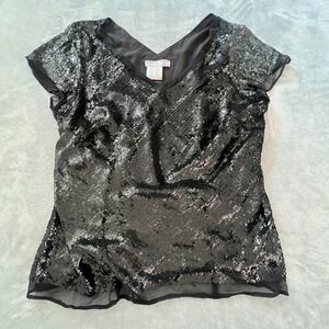 Vintage Adrianna Papell Sequined Top Womens  Sz L Black Party NYE Short Sleeve